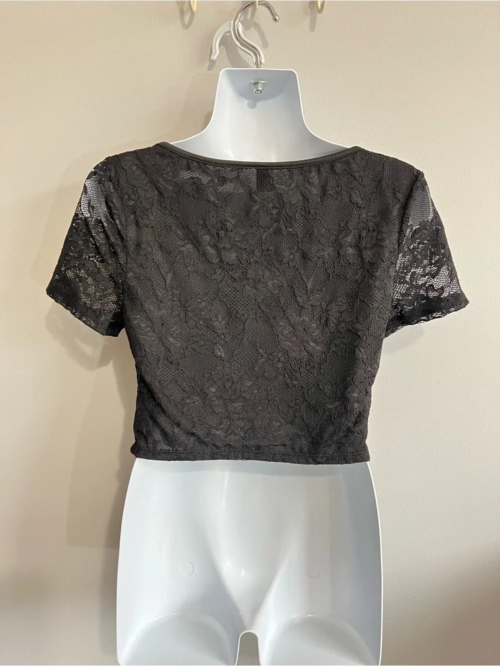 Shein Size M Black Lace Corset-Style Keyhole Tie Short Sleeve Crop Top Goth